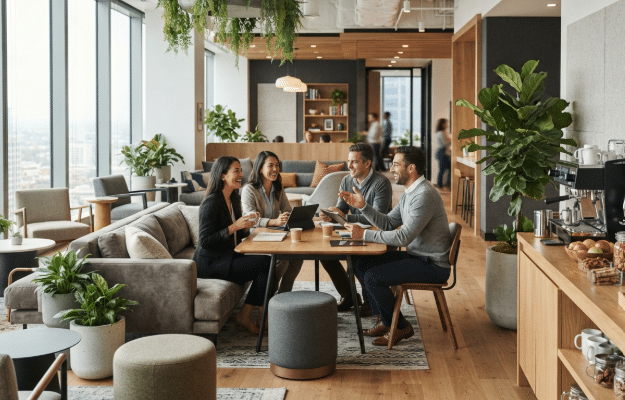 Modern office wellness environment with employees using workplace amenities to support well-being