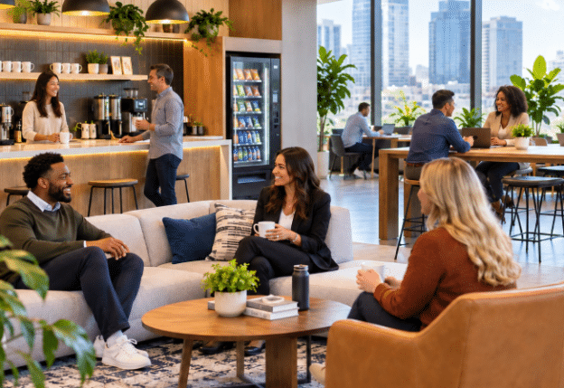 Modern office design featuring workplace amenities that improve employee experience and productivity